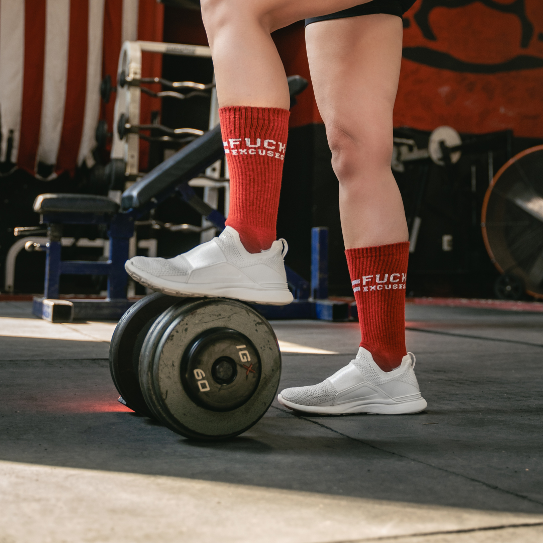 Fuck Excuses Gym Crew Socks, Side with one foot on dumbbell