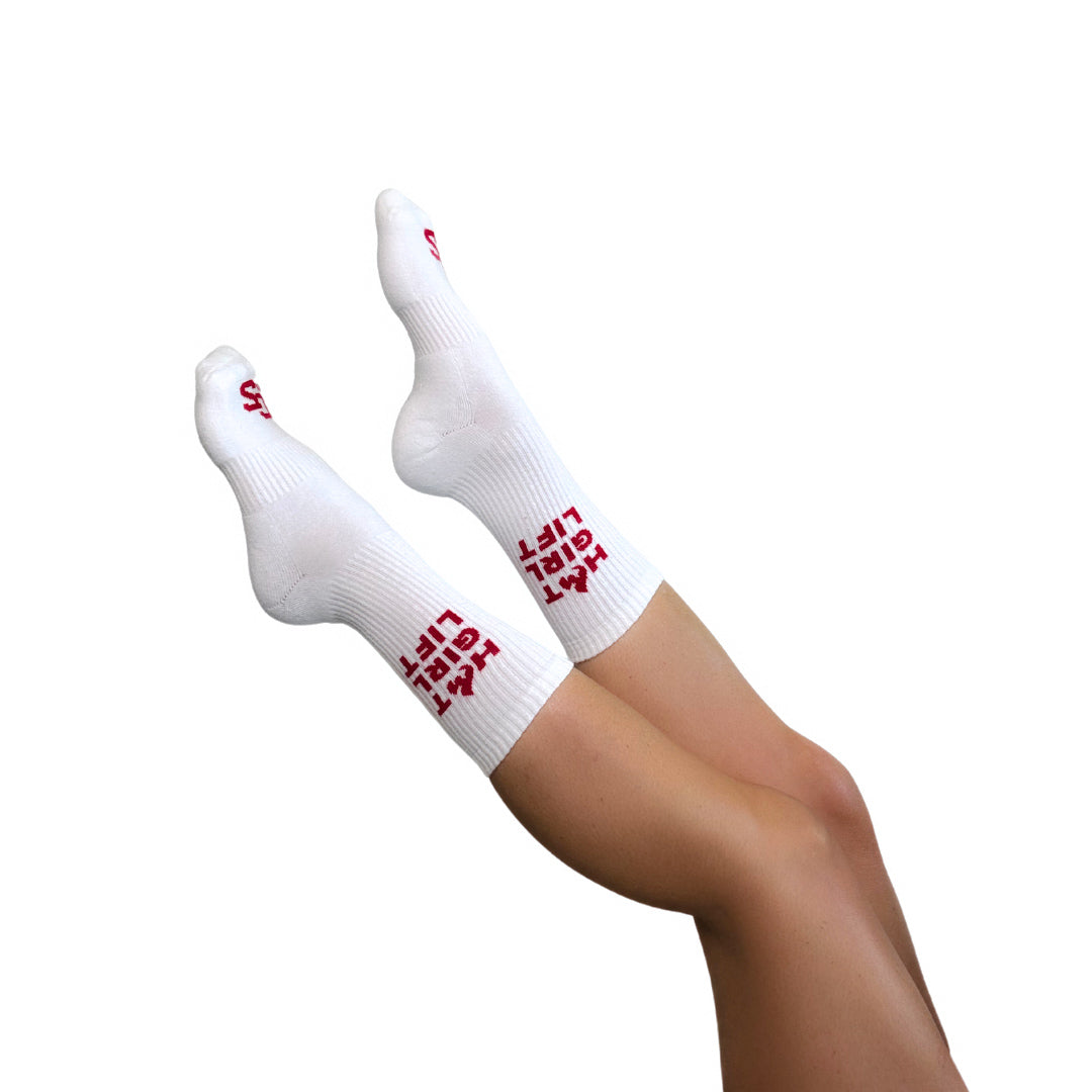 Hot Girl Lift Gym Crew Socks, side with feet in the air