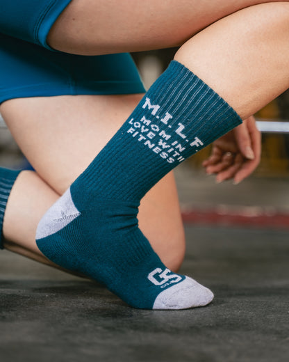 M.I.L.F Mom in Love with Fitness Gym Crew Socks, Close up, Kneeling