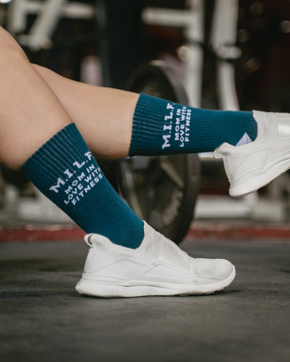 M.I.L.F Mom in Love with Fitness Gym Crew Socks, Close up, Kicking one foot out