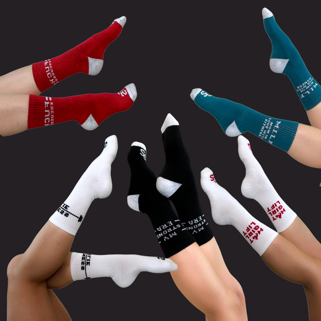 Women’s gym socks in different designs showing crew sock styles