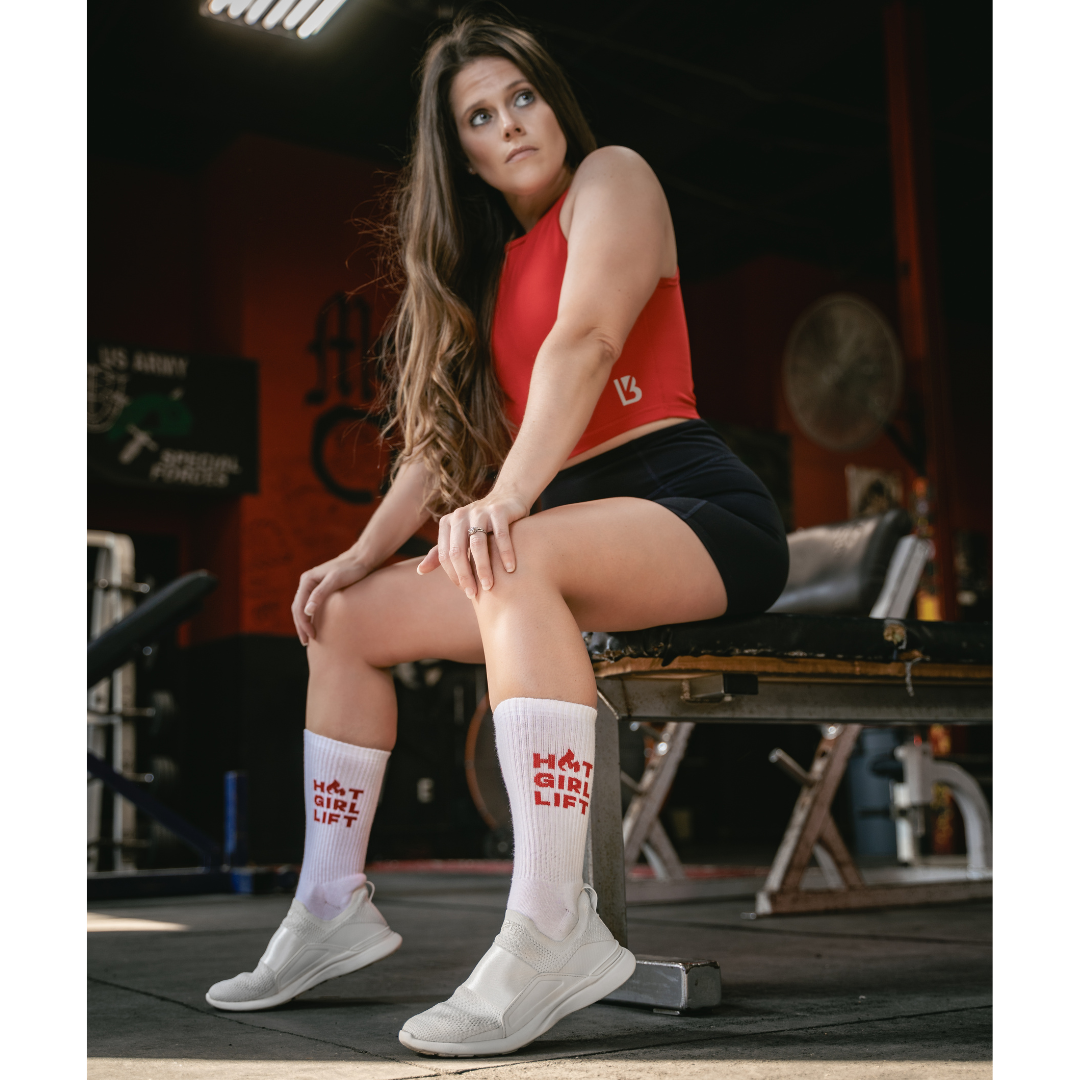 Women’s gym socks with “Hot Girl Lift” design during workout
